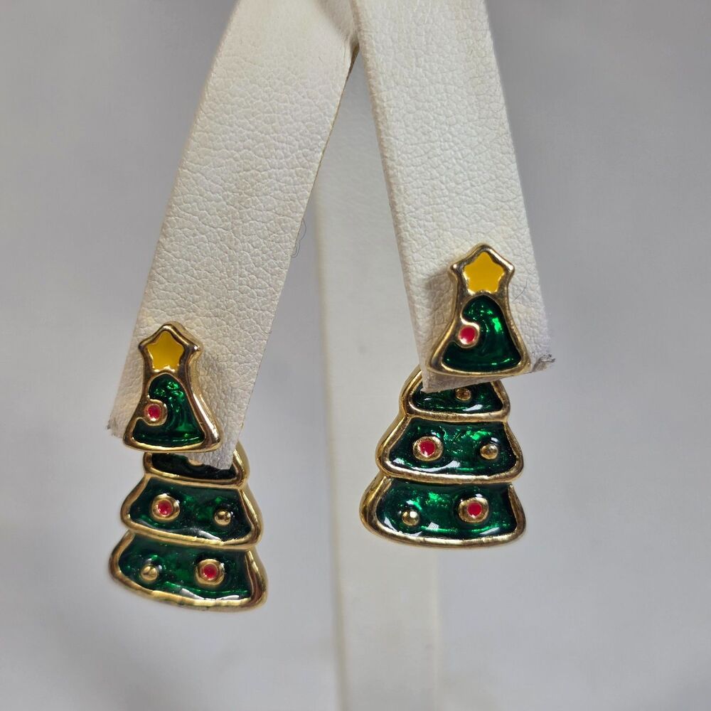 Vtg. AAI Signed Front Back Christmas Tree Earrings Gold Tone Green Red Enamel